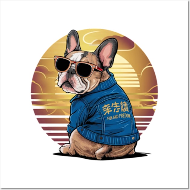 A vibrant vector illustration of a French Bulldog wearing sunglasses and a blue jean jacket, embodying a carefree(3) Wall Art by YolandaRoberts